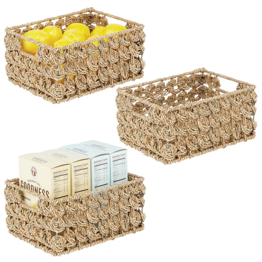 mDesign Seagrass Rose Weave Household Basket with Handles, 3 Pack, Natural/Tan