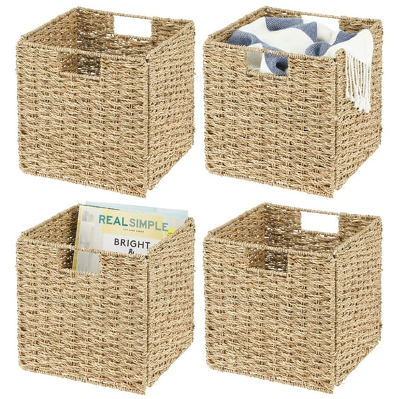 mDesign Seagrass Woven Cube Bin Basket Organizer, Handles, 4 Pack - Natural/Tan