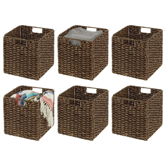 mDesign Seagrass Woven Cube Bin Basket Organizer, Handles, 6 Pack, Brown Wash