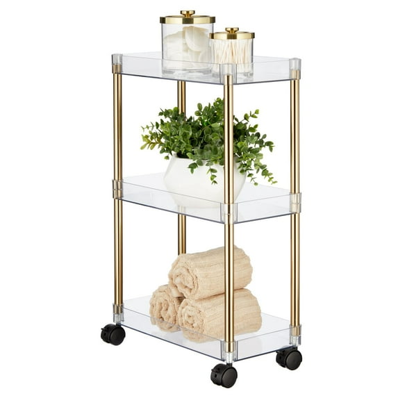mDesign Slim 3-Tier Portable Household Rolling Cart, Wheels, Clear/Soft Brass