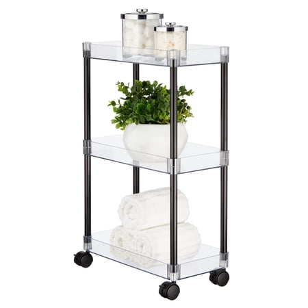 mDesign Slim 3-Tier Portable Household Rolling Cart with Wheels, Clear/Black