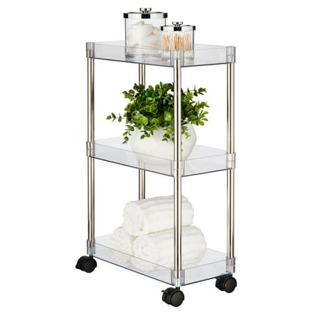 mDesign Slim 3-Tier Portable Household Rolling Cart with Wheels, Clear/Chrome