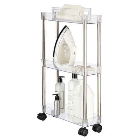 mDesign Slim 3-Tier Portable Household Rolling Cart with Wheels, Clear/Chrome