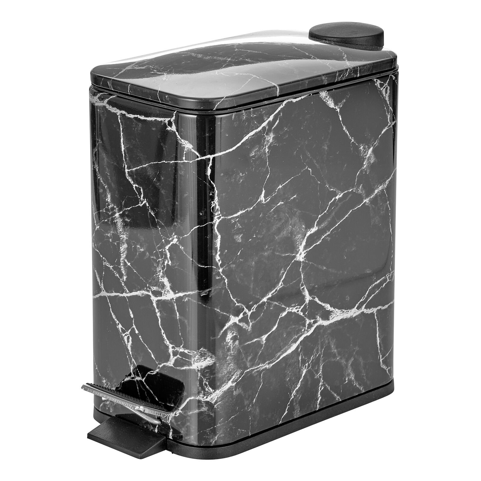mDesign Slim Metal Step Trash Can, 1.3 Gallon Wastebasket, Black Marble ...