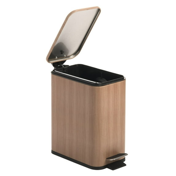 mDesign Slim Metal 1.3 Gallon Step Trash Can with Lid/Liner Bucket - Oak Brown