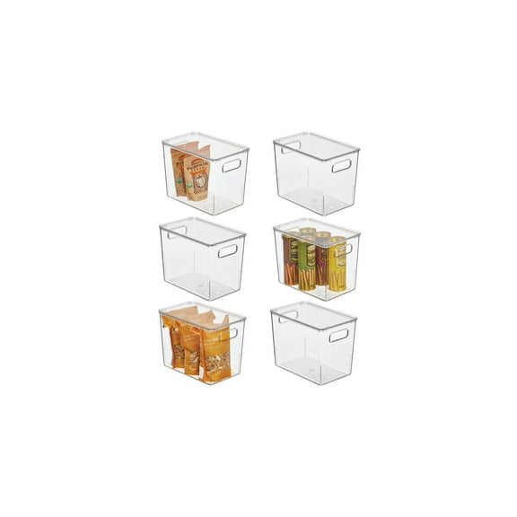 mDesign Slim Plastic Stacking Kitchen Bin Box, Handles/Lid, 6 Pack, Clear