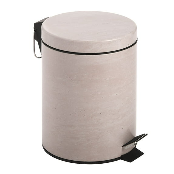 mDesign Small 1.3 Gal. Round Metal Step Trash Can w/ Liner, Stone Print - Beige