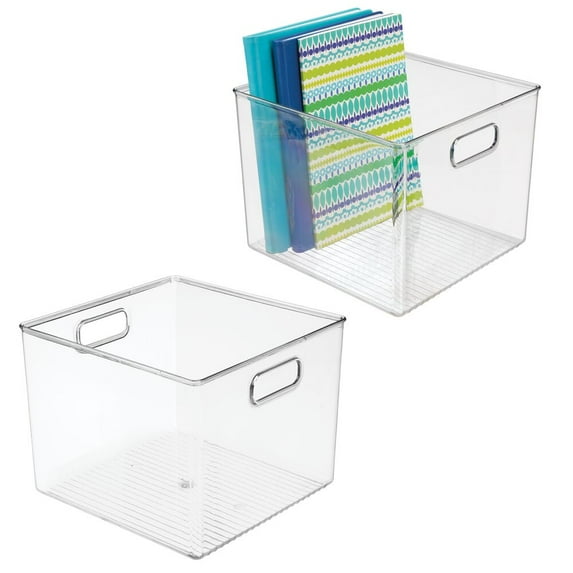 mDesign Small Office Plastic Storage Organizer Bin with Handles, 2 Pack - Clear