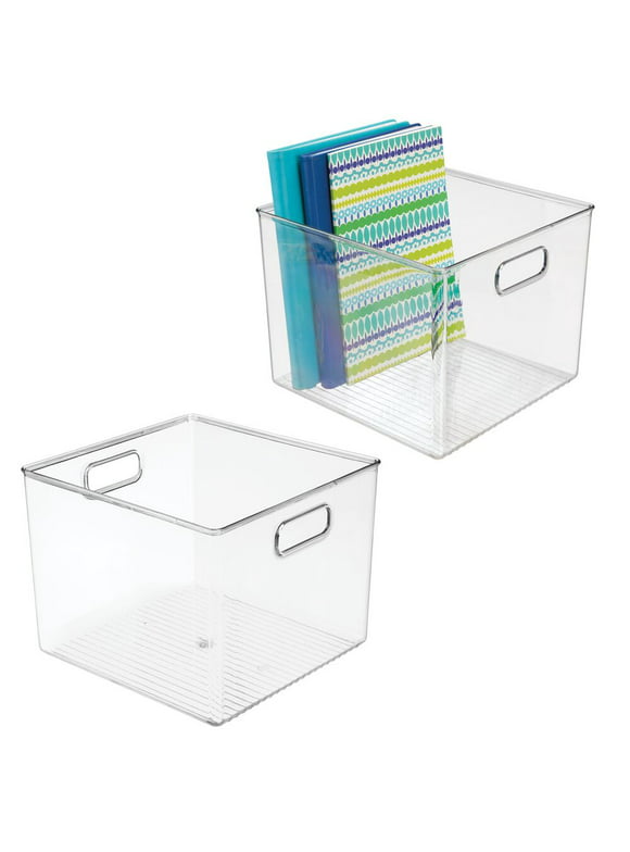 mDesign Small Office Plastic Storage Organizer Bin with Handles, 2 Pack - Clear