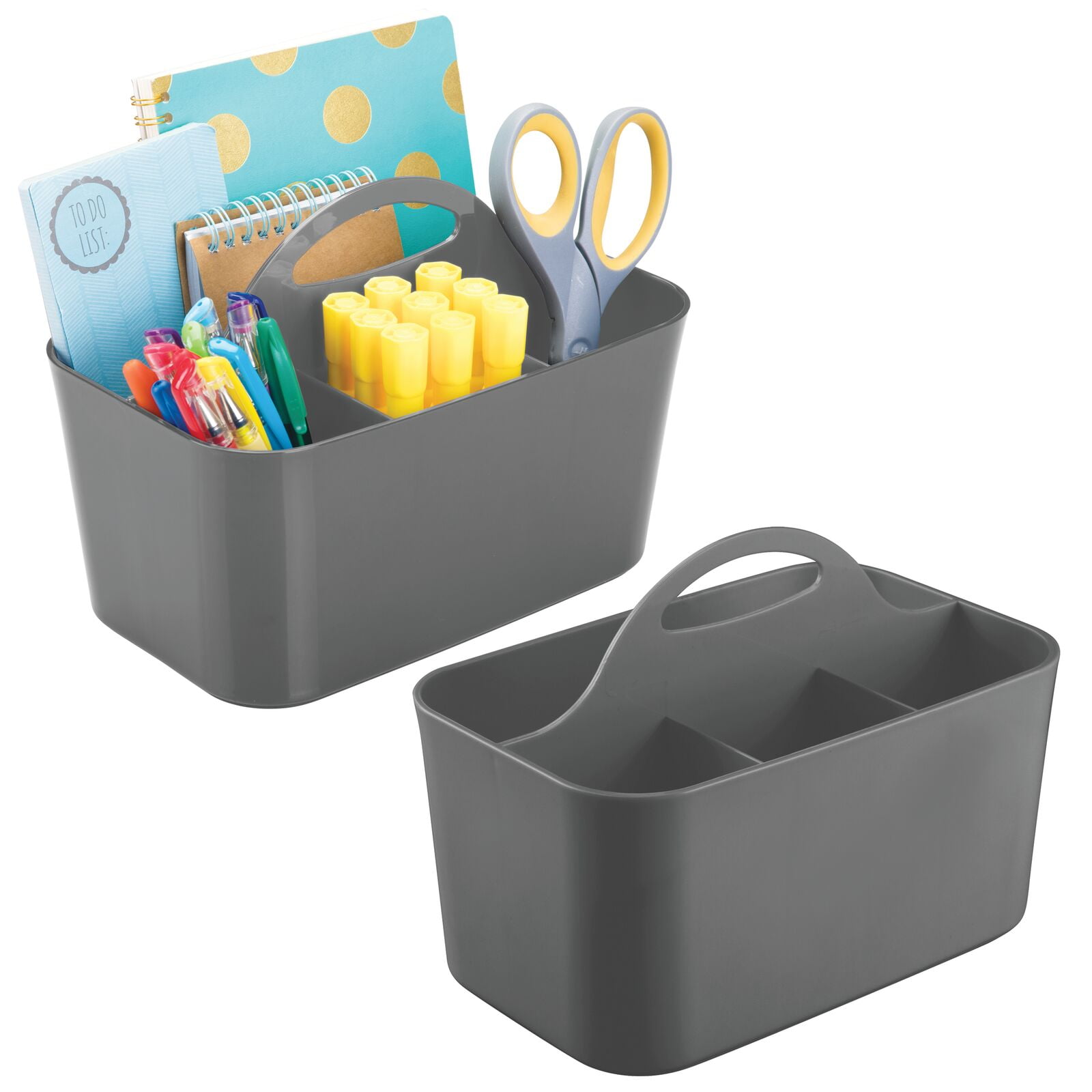 mDesign Large Plastic Divided Office Storage Organizer Caddy Tote with Handle for Cabinet Desk Workspace - Holds Desktop Supplies Pens Pencils Markers