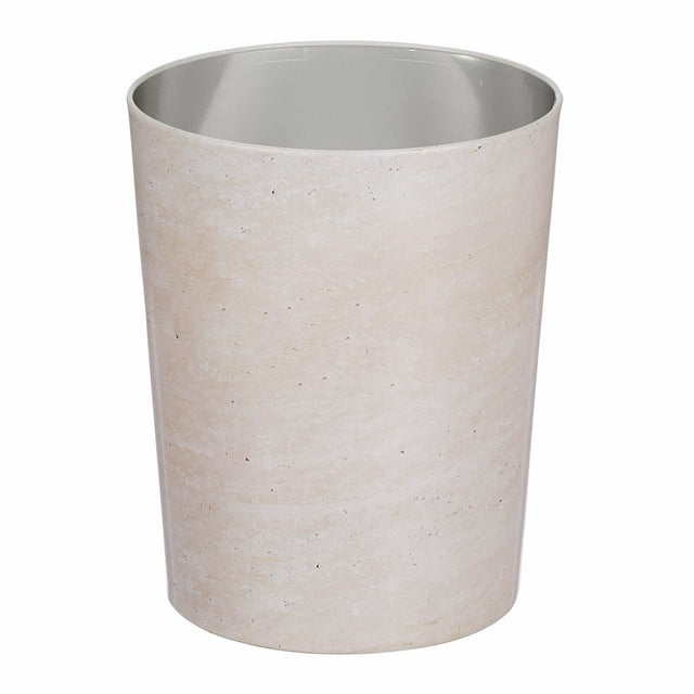 mDesign Small Round Metal 1.7 Gallon Wastebasket/Trash Can, Stone Print - Beige