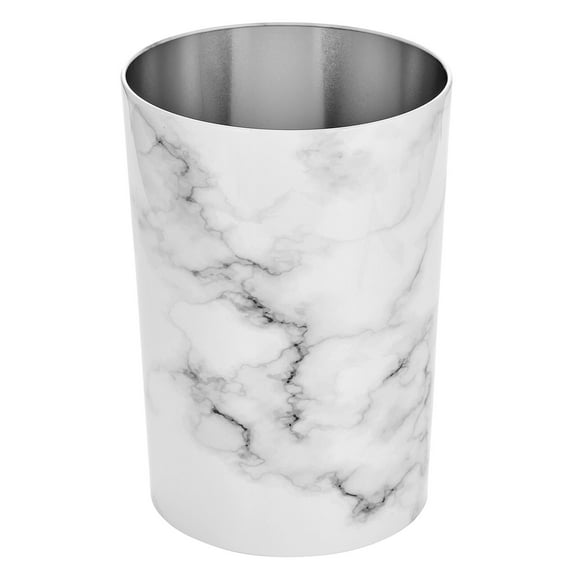 mDesign Small Steel 4 Gallon Round Trash Wastebasket Garbage Bin, White Marble