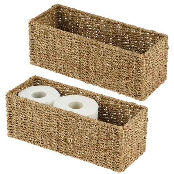 mDesign Small Woven Seagrass Bathroom Toilet Tank Basket, 2 Pack, Natural/Tan