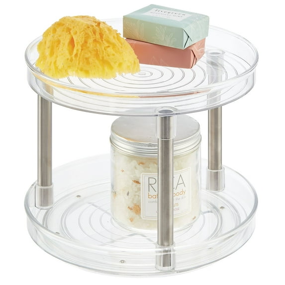 mDesign Spinning 2-Tier Lazy Susan Turntable Storage Tower for Bathroom - Clear