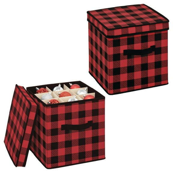 mDesign Square Gift-Wrap or Ornament Storage Box, Handles, 2 Pack, Red/Black