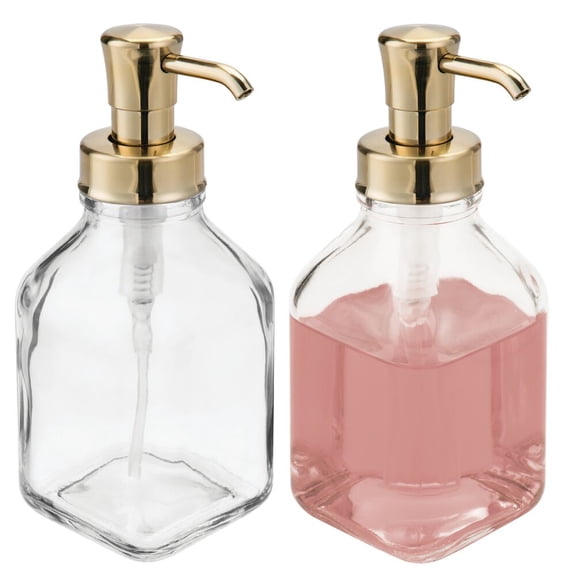 mDesign Square Glass Refillable Soap Dispenser Pump, 2 Pack - Clear/Soft Brass