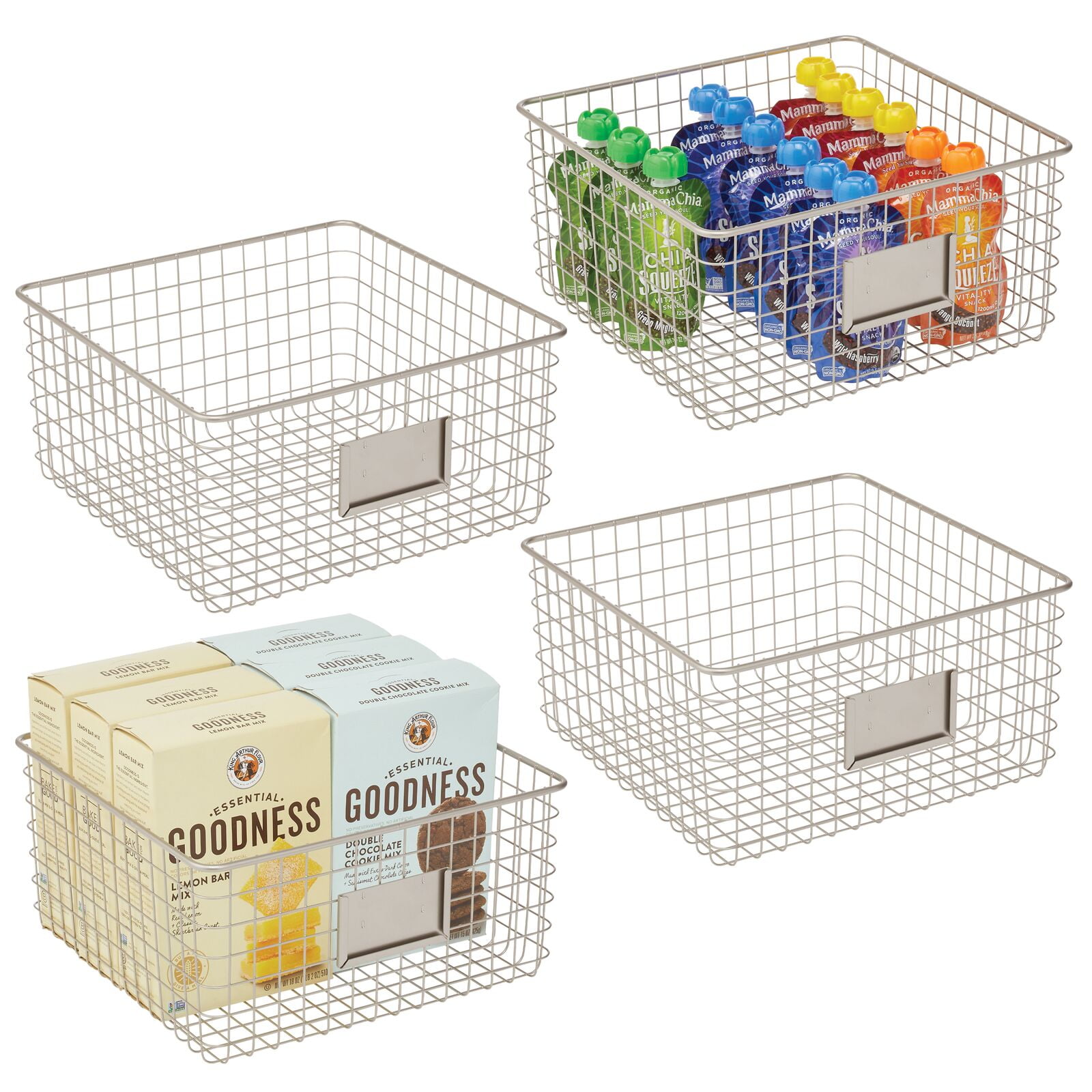 mDesign Square Steel Kitchen Organizer Basket with Label Slot, 4 Pack