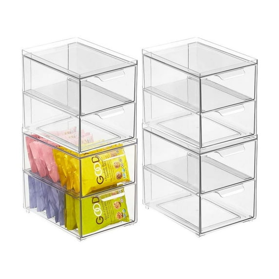 mDesign Stacking Plastic Storage Kitchen Bin - 2 Pull-Out Drawers, 4 Pack, Clear