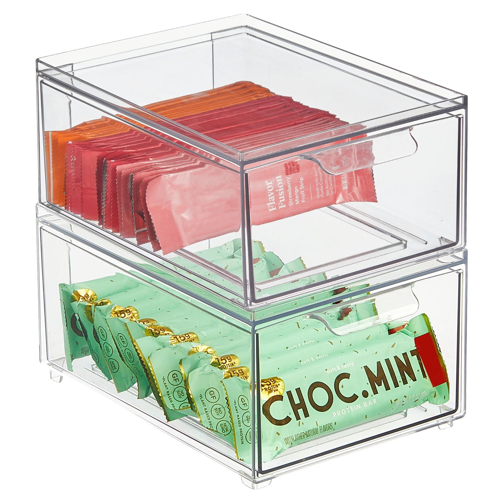 mDesign Stacking Plastic Storage Kitchen Bin with Pull-Out Drawer, 2 Pack, Clear