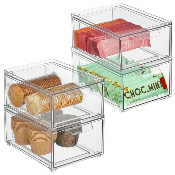 mDesign Stacking Plastic Storage Kitchen Bin with Pull-Out Drawer, 4 Pack, Clear