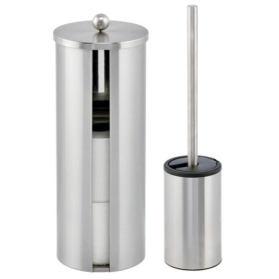 mDesign Stainless Bowl Brush/Toilet Paper Bathroom Holder Stand, Brushed Steel