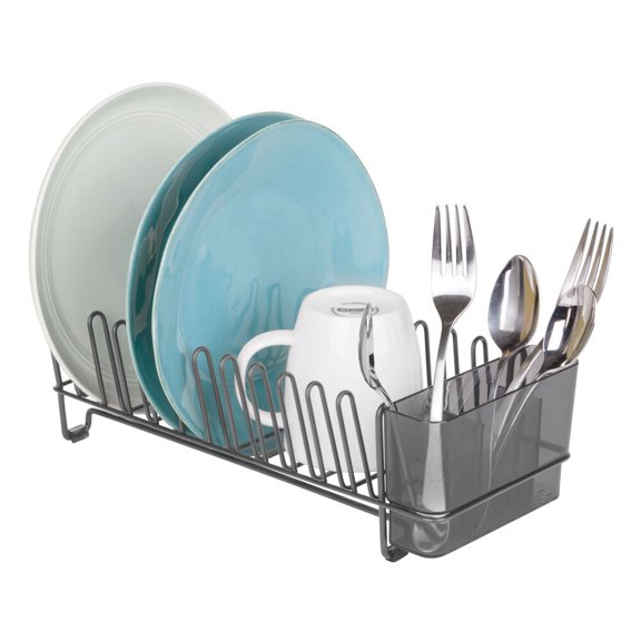 mDesign Steel Compact Dish Drying Rack with Cutlery Tray - Dk. Gray/Smoke Gray