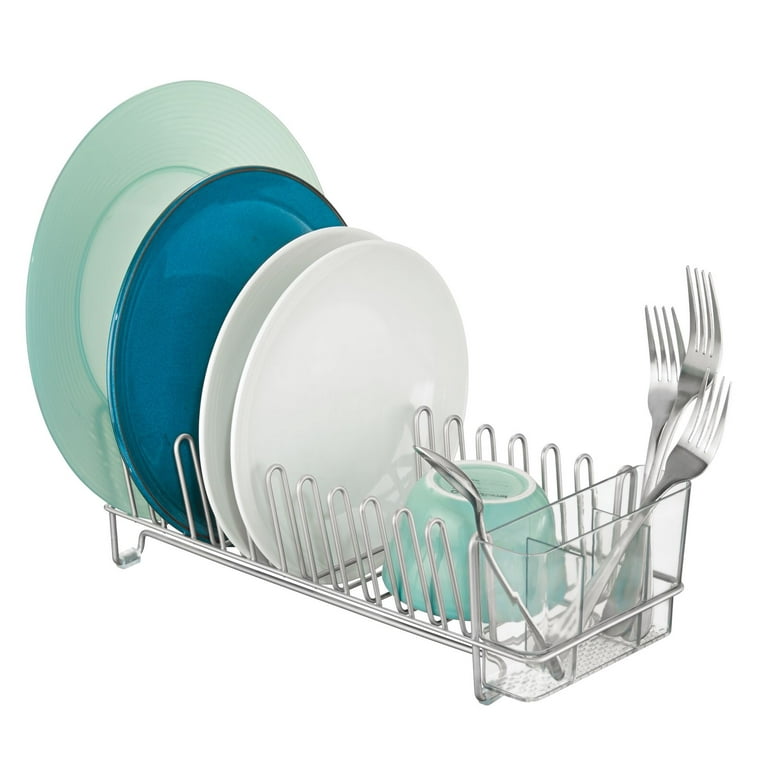 mDesign Steel Compact Modern Dish Drying Rack with Cutlery Tray -  Chrome/Clear
