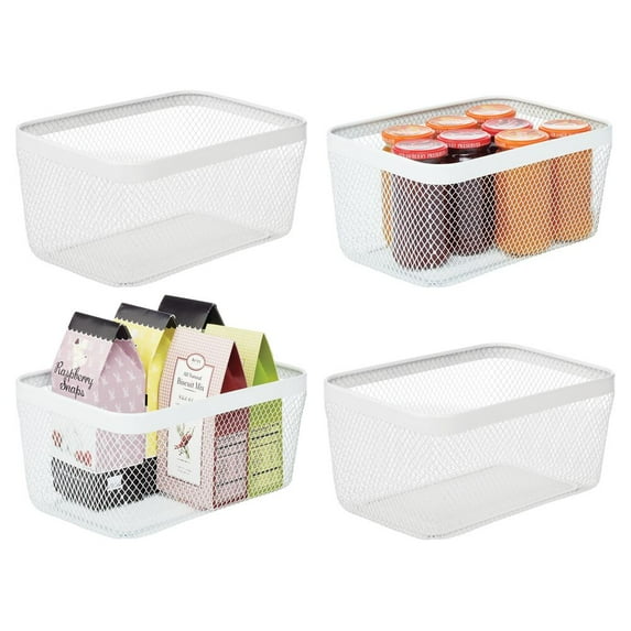 mDesign Steel Food Storage Organizer Bin Mesh Basket for Pantry - 4 Pack - White