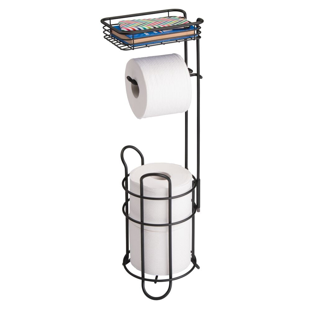 mDesign Steel Free Standing Toilet Paper Holder Stand and Dispenser, Matte Black