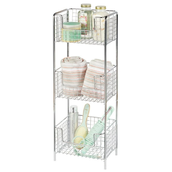 mDesign Steel Freestanding 3-Tier Storage Organizer Tower with Baskets - Chrome