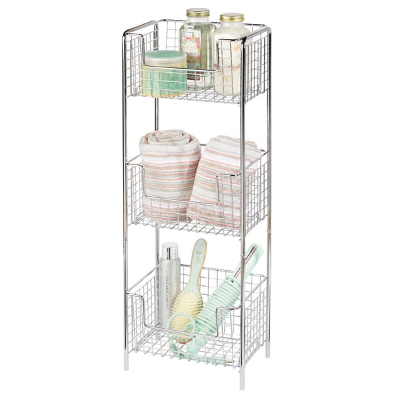 mDesign Steel Freestanding 3-Tier Storage Organizer Tower with Baskets - Chrome