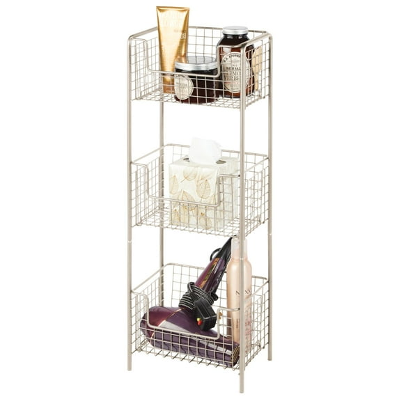 mDesign Steel Freestanding 3-Tier Storage Organizer Tower with Baskets - Satin