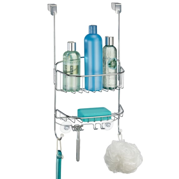 mDesign Steel Over Door Hanging Shower Caddy Storage Organizer - Chrome/White