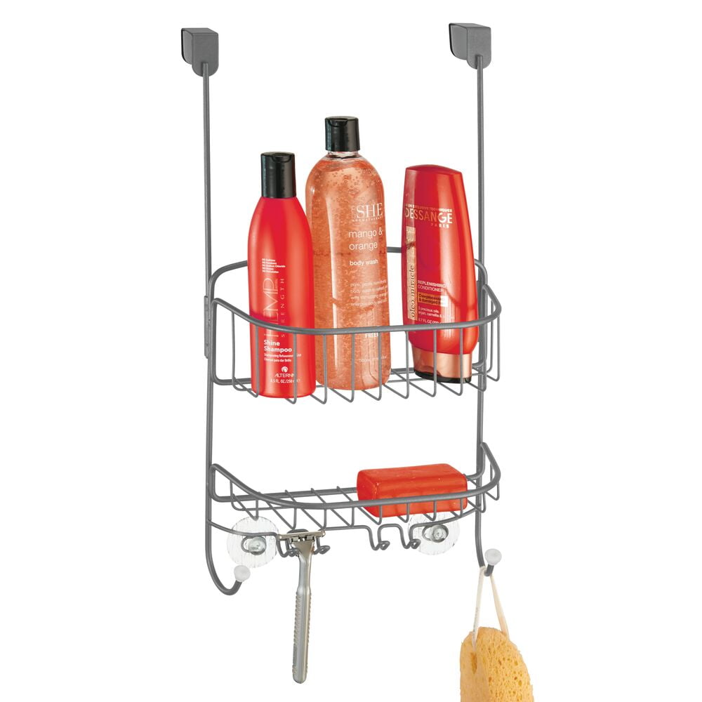 mDesign Wide Metal Over Door Hanging Shower Caddy, 2 Hooks/Baskets - Dark  Gray