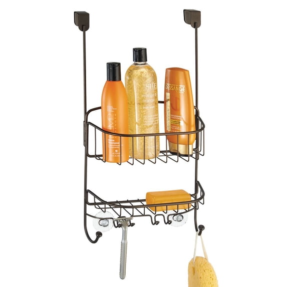 mDesign Steel Portable Over Door Hanging Shower Caddy Storage Organizer - Bronze