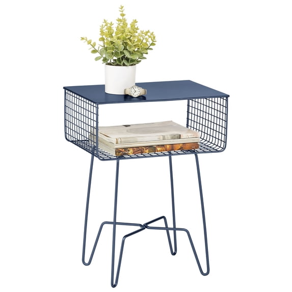 mDesign Steel Side/End Table Nightstand with Storage Shelf Basket - Navy Blue