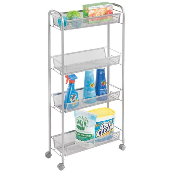 mDesign Steel Slim Rolling Utility Cart Storage Organizer with 4 Shelves, Silver