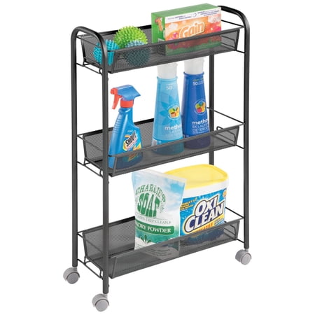 mDesign Steel Slim Rolling Utility Cart Storage Organizer with Shelves, Black