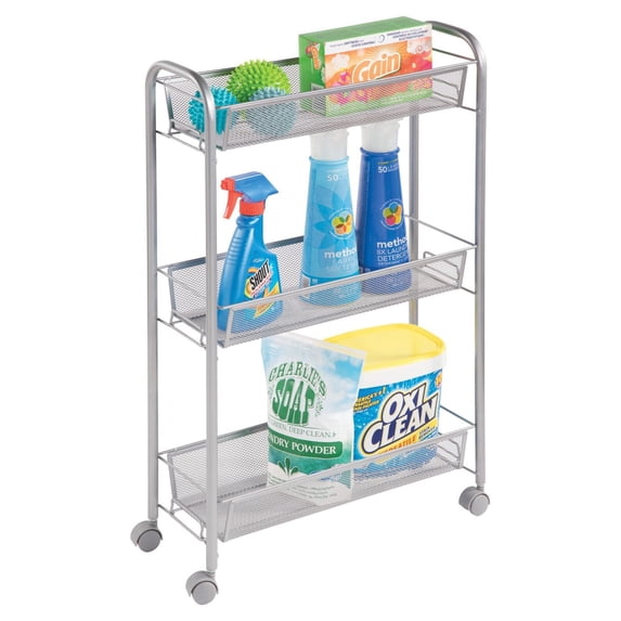 mDesign Steel Slim Rolling Utility Cart Storage Organizer with Shelves, Silver