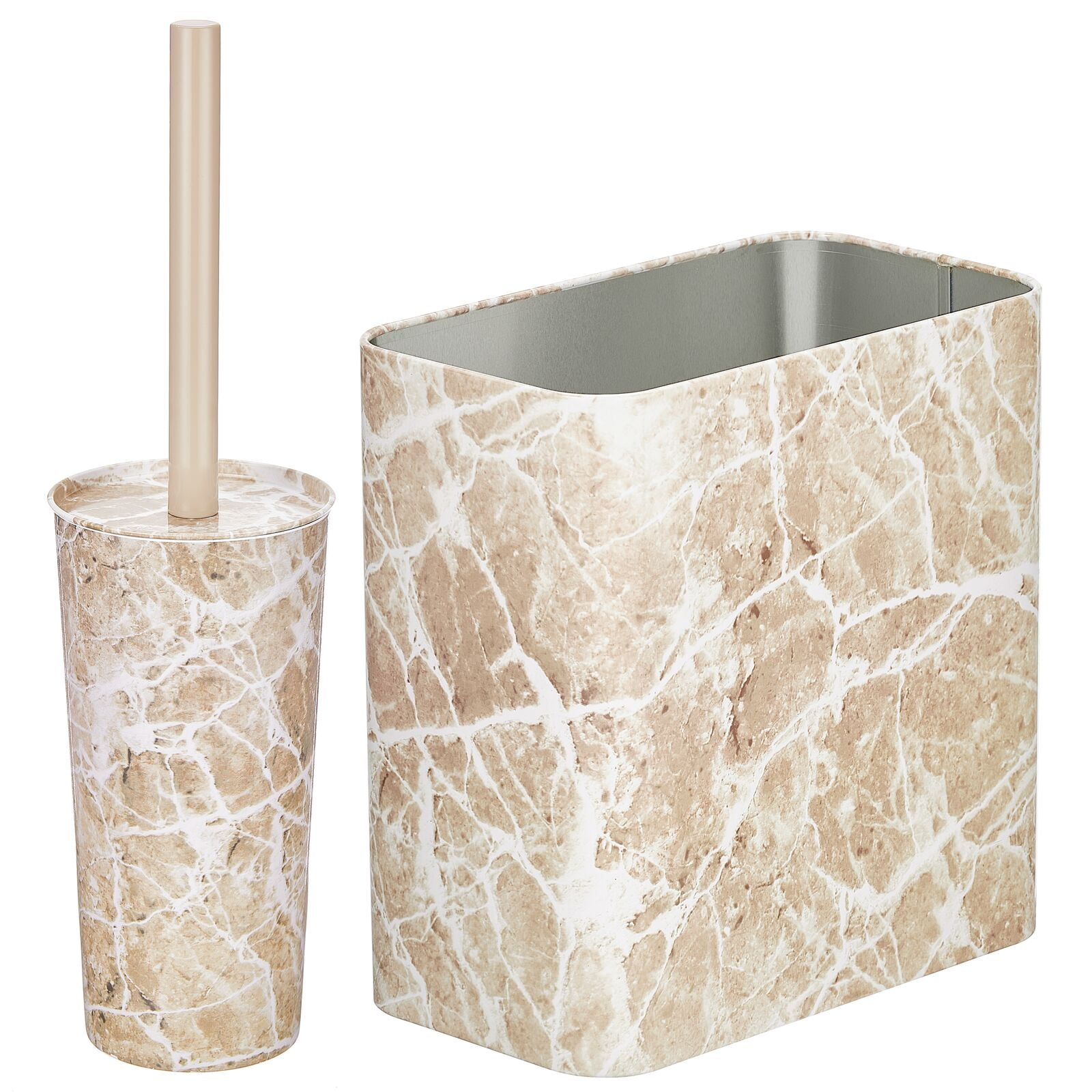 mDesign Steel Toilet Bowl Brush 2.2 Gal Trash Can Set of 2 Taupe Marble