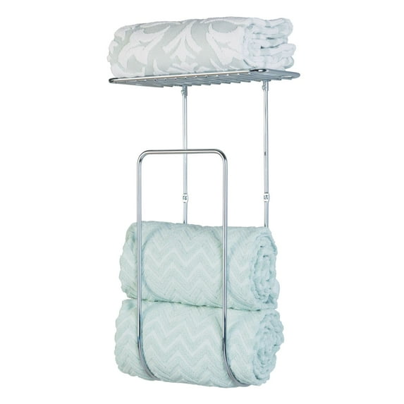 mDesign Steel Wall Mount Towel Rack Holder Organizer with Shelf Storage - Chrome