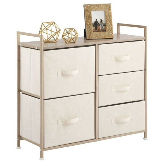 mDesign Storage Dresser Furniture with 5 Removable Fabric Drawers - Cream/Gold