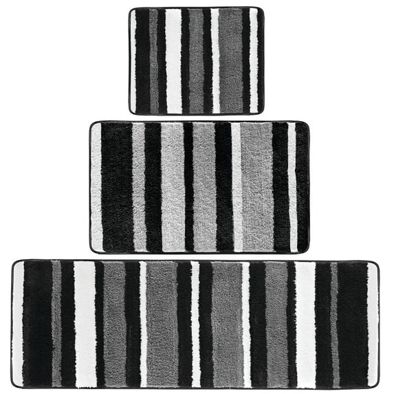 mDesign Striped Microfiber Bathroom Spa Mat Rugs/Runner, Set of 3 - Black/Gray