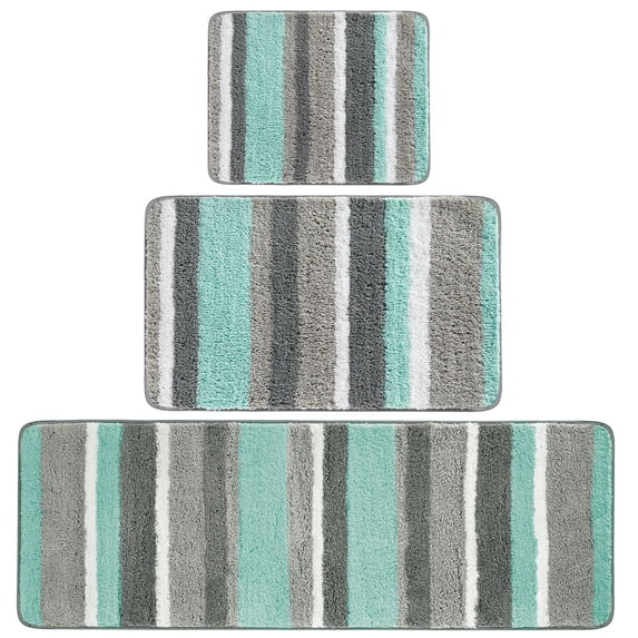 mDesign Striped Microfiber Bathroom Spa Mat Rugs/Runner, Set of 3 - Mint/Gray
