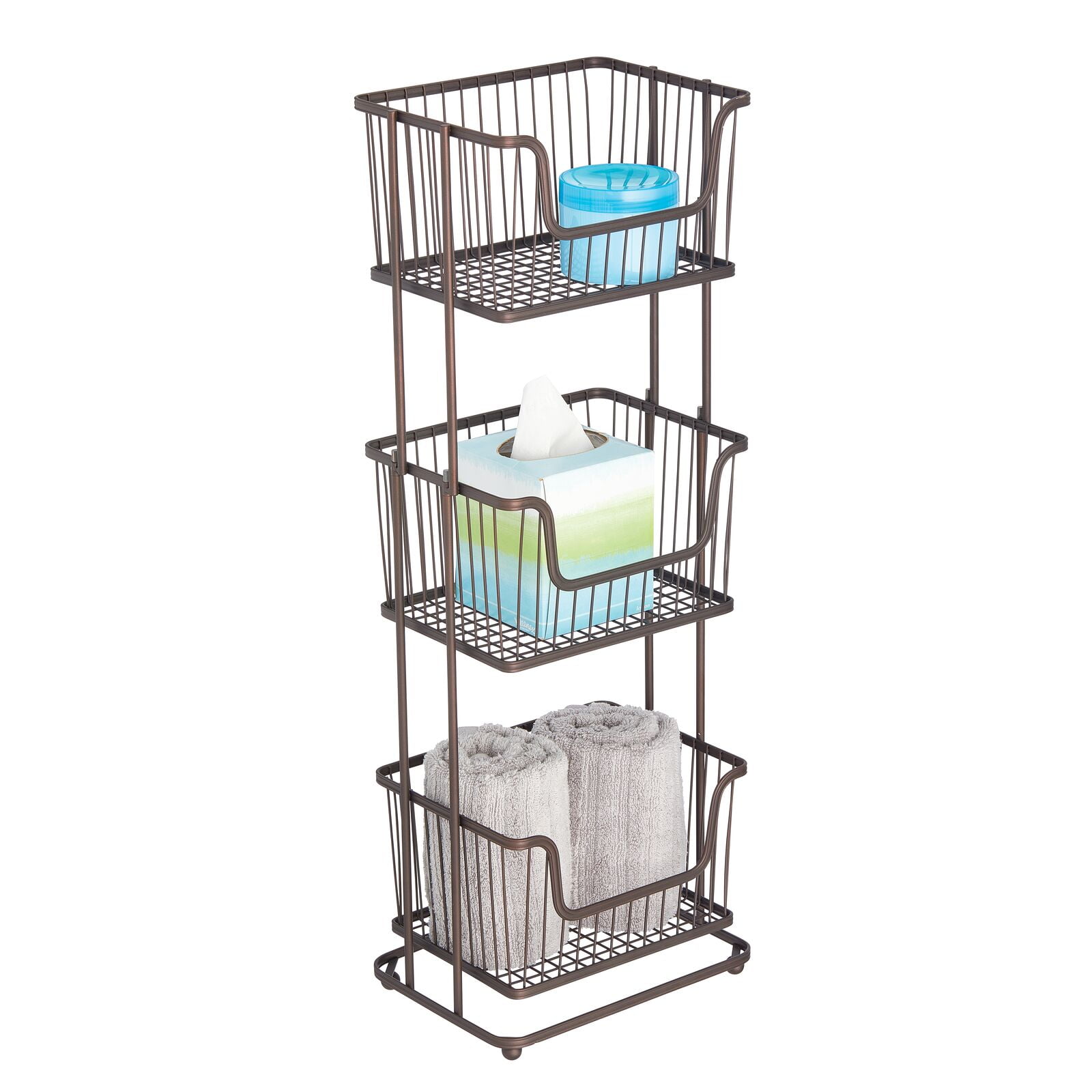 mDesign Tall Standing Bathroom Shelf Holder Rack - 3 Metal Wire Baskets - Bronze