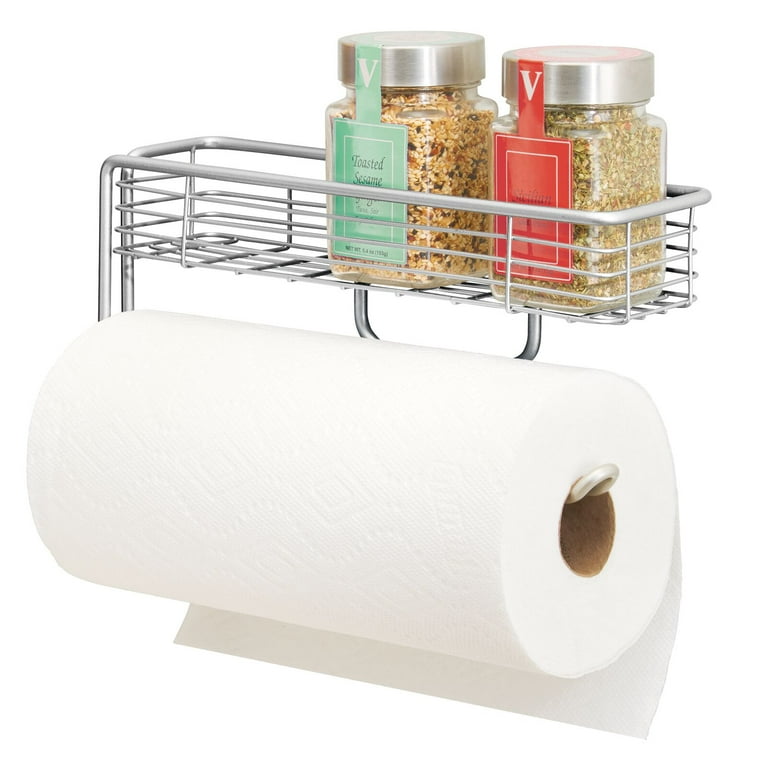 mDesign Wall Mount Metal Paper Towel Holder with Storage Shelf for