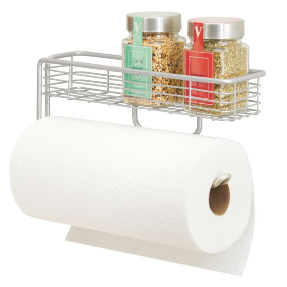 mDesign Wall Mount Metal Paper Towel Holder with Storage Shelf for Kitchen, Pantry, Laundry, Garage Organization - Shelf Holds Spice Bottles, Glass Jars, Oils and Vinegars - Light Gray