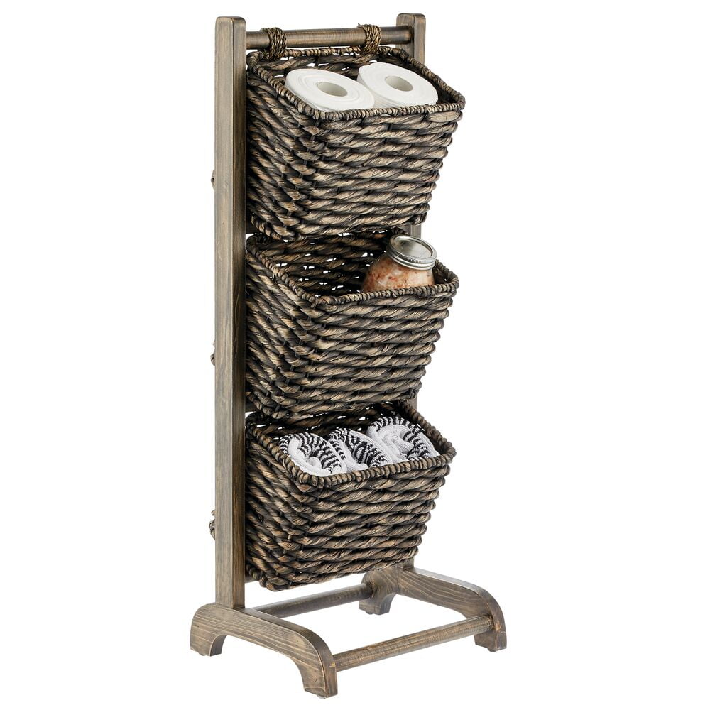 mDesign Water Hyacinth 3-Tiered Storage Baskets Floor Stand - White/Natural  