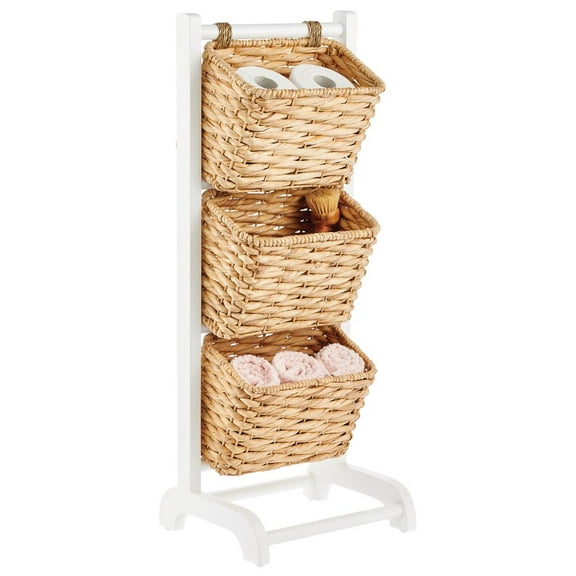 mDesign Water Hyacinth 3-Tiered Storage Baskets Floor Stand - White/Natural