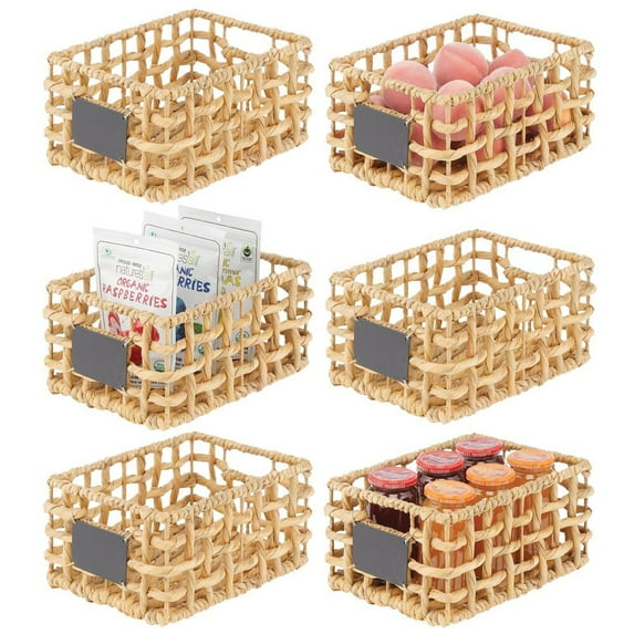 mDesign Water Hyacinth Open Weave Basket, Chalkboard Label, 6 Pack, Natural/Tan